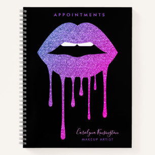 Black Hot Pink Purple Dripping Glitter Lips Makeup Notebook