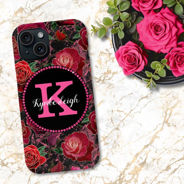 Black Hot Pink Roses Marble Diamond Monogram Name Case-Mate iPhone Case (Creator Uploaded)
