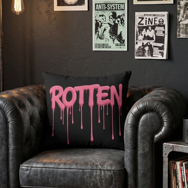 Black & Hot Pink ROTTEN Pink Dripping Text Throw Pillow (Creator Uploaded)