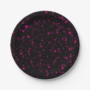Black & Hot Pink Sparkles Sparkly Glitter Stars Paper Plate