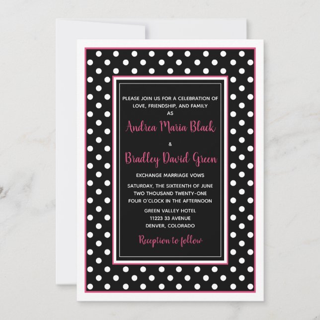 Black Hot Pink White Polka Dot Wedding Invitation (Front)