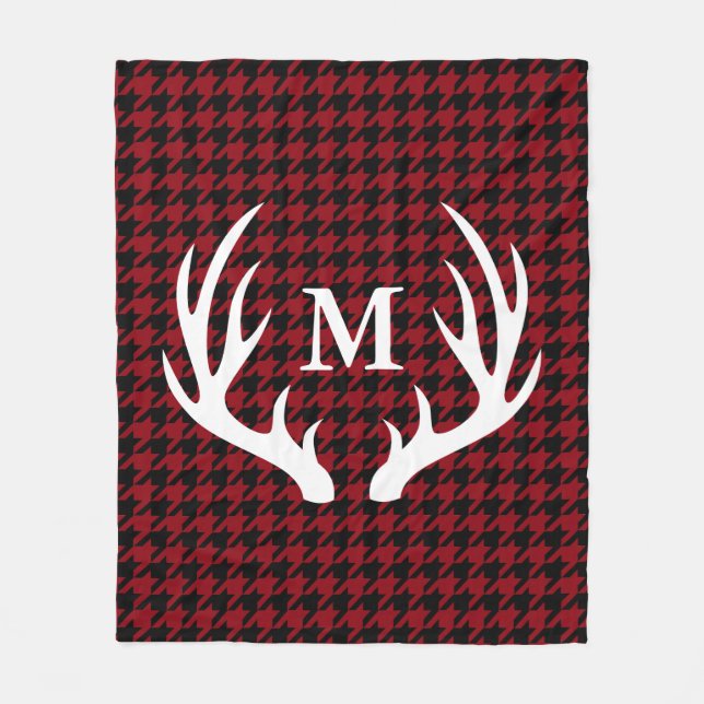 Black Hounds Tooth White Deer Antlers Personalized Fleece Blanket (Front)