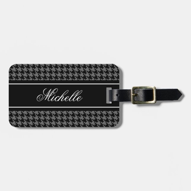 Black houndstooth check pattern travel luggage tag (Front Horizontal)