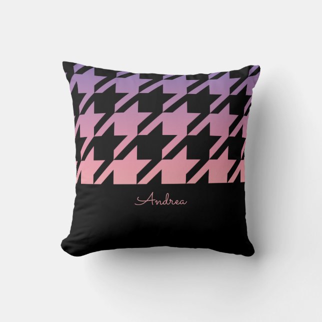 Black Houndstooth Pattern Pink Purple Ombre Throw Pillow (Front)