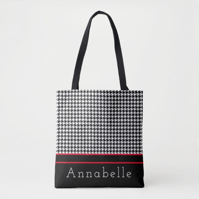 Black Houndstooth Plaid Personalize Tote Bag (Front)