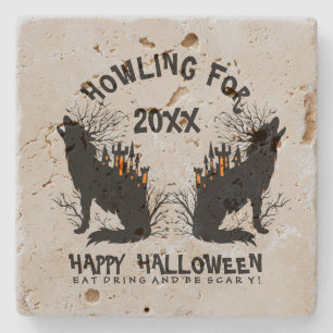 Black Howling Wolf Illustration Stone Coaster