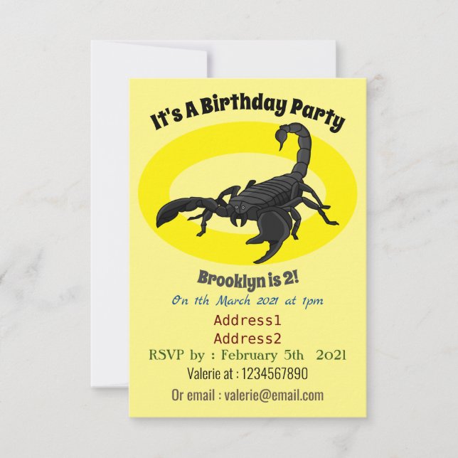 Black hungry scorpion cartoon illustration invitation (Front)
