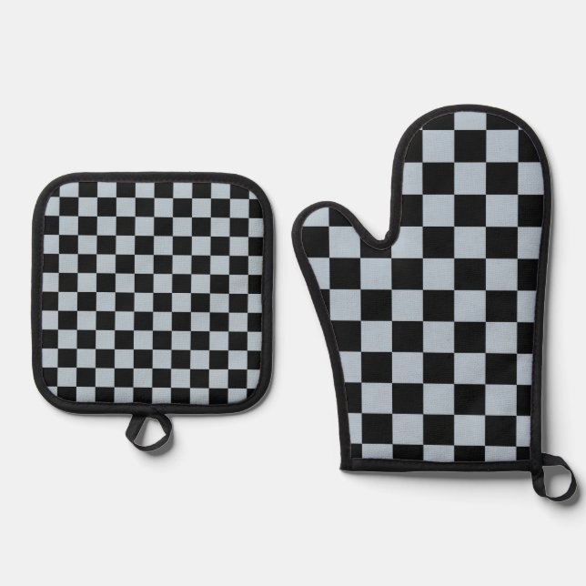 Black ice chequered pattern oven mitt & pot holder set (Front)
