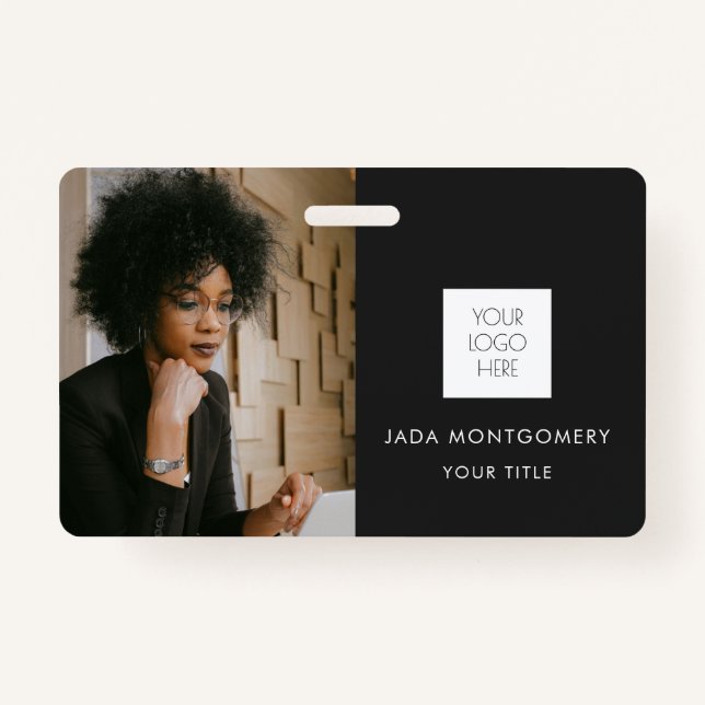 Black ID Card | Modern Minimalist Photo And Logo Badge (Front)
