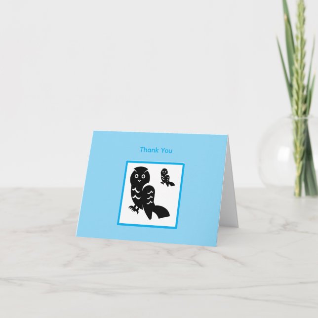 Black Illustrated Owls Thank You Card – Blue (Front)