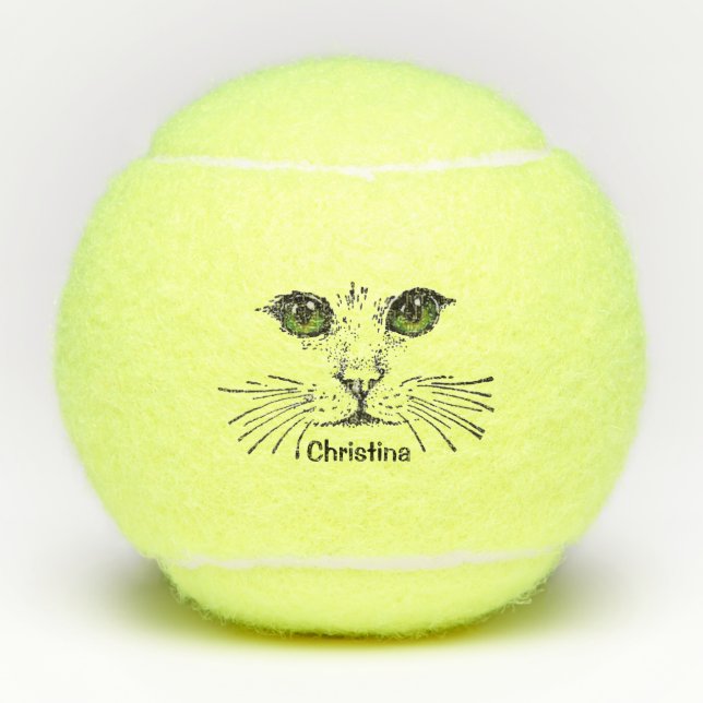 Black Illustration of Face of Cat Green eyes Tennis Balls (Front)