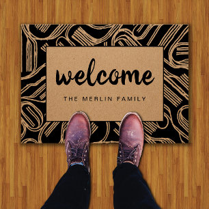 Black Illustration Personalized Welcome Doormat