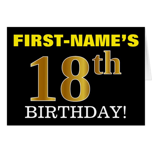Black, Imitation Gold "18th BIRTHDAY" Card (Front Horizontal)