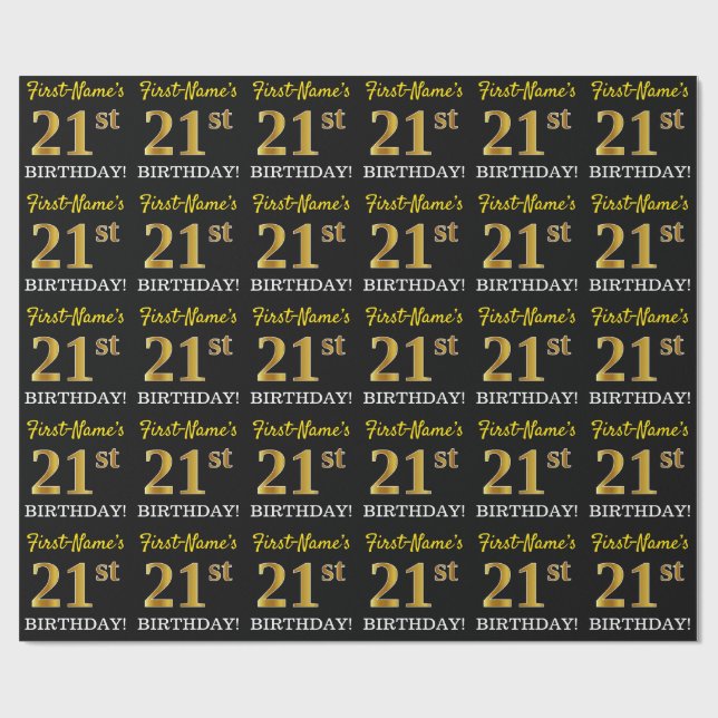 Black, Imitation Gold "21st BIRTHDAY" Wrapping Paper (Flat)