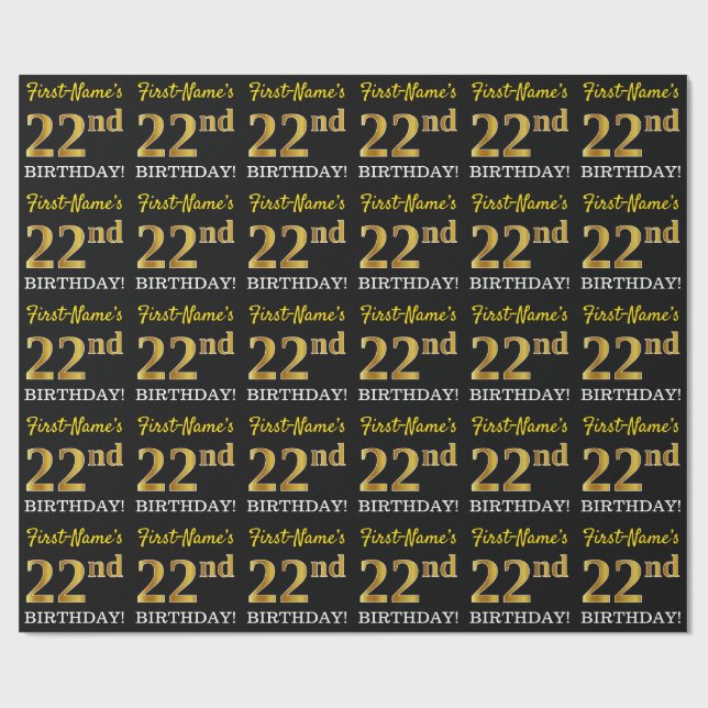 Black, Imitation Gold "22nd BIRTHDAY" Wrapping Paper (Flat)