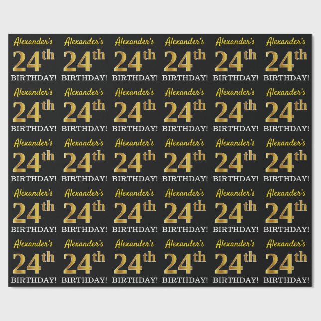 Black, Imitation Gold "24th BIRTHDAY" Wrapping Paper (Flat)