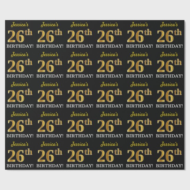 Black, Imitation Gold "26th BIRTHDAY" Wrapping Paper (Flat)