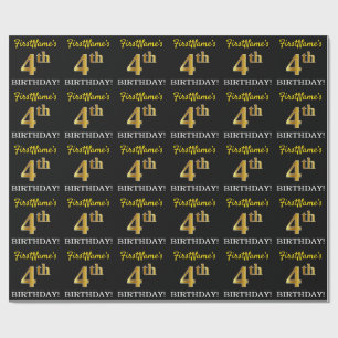 Black, Imitation Gold "4th BIRTHDAY" Wrapping Paper