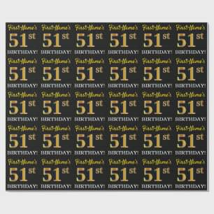 Black, Imitation Gold "51st BIRTHDAY" Wrapping Paper