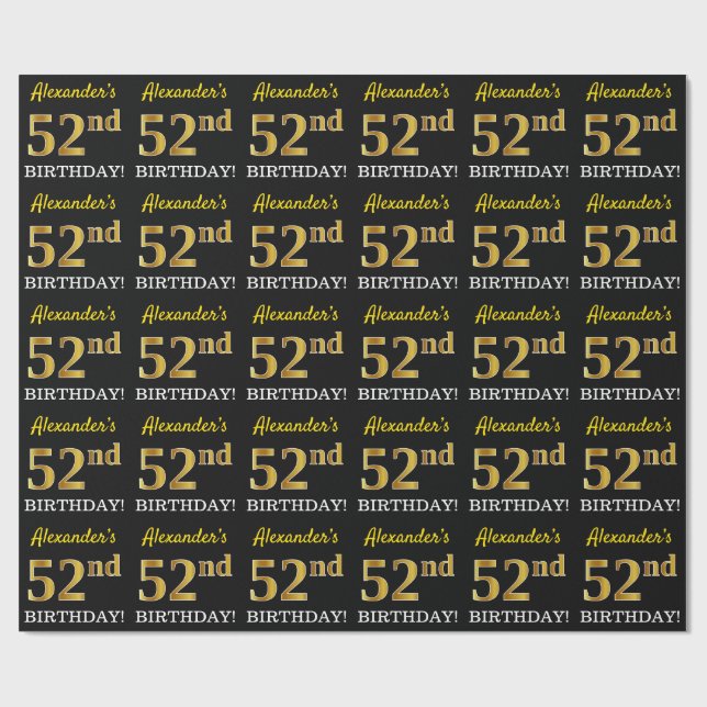 Black, Imitation Gold "52nd BIRTHDAY" Wrapping Paper (Flat)