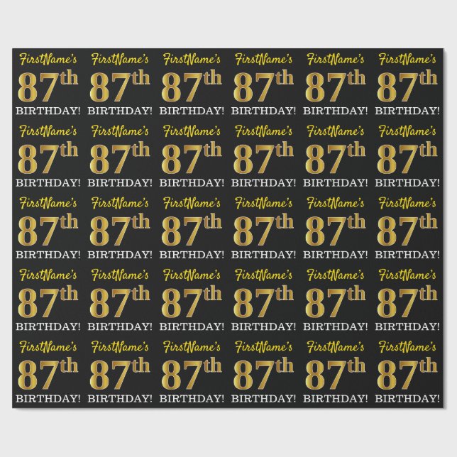 Black, Imitation Gold "87th BIRTHDAY" Wrapping Paper (Flat)
