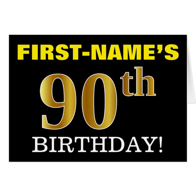 Black, Imitation Gold "90th BIRTHDAY" Card (Front Horizontal)