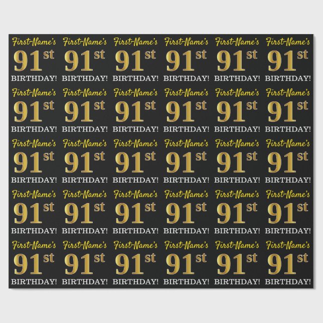 Black, Imitation Gold "91st BIRTHDAY" Wrapping Paper (Flat)