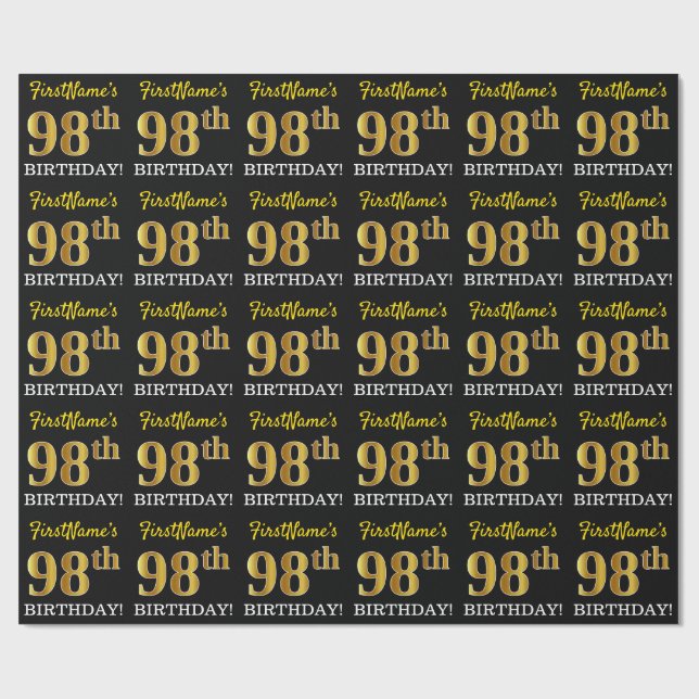 Black, Imitation Gold "98th BIRTHDAY" Wrapping Paper (Flat)