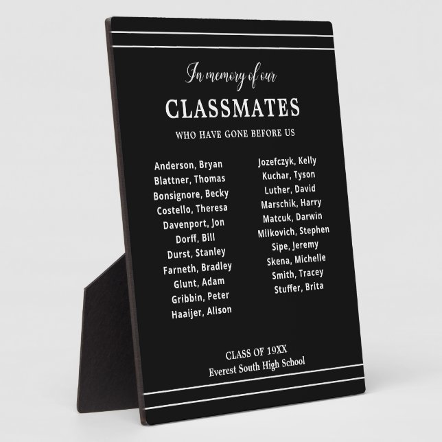 Black In Memory Of Classmates Names School Reunion Plaque (Side)