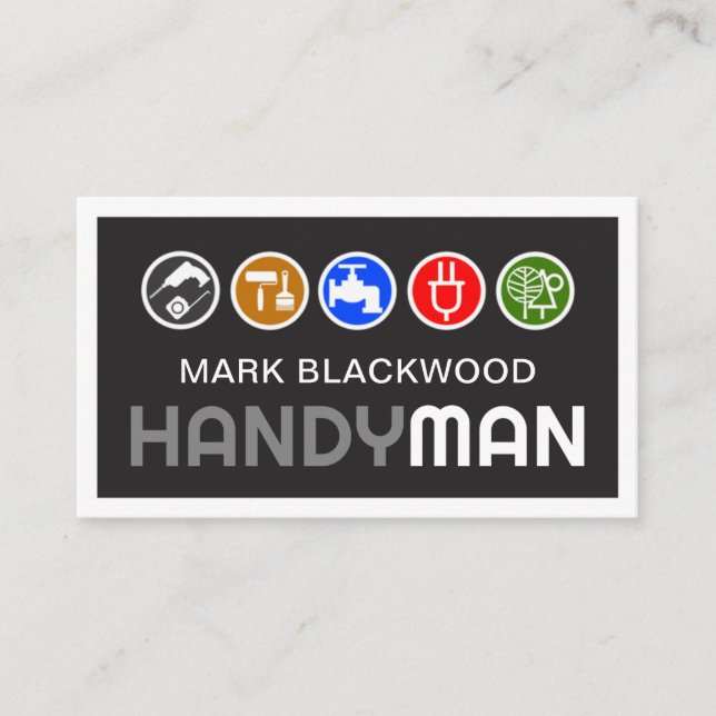 Black In White Frame Colorful Handyman Tools Business Card (Front)