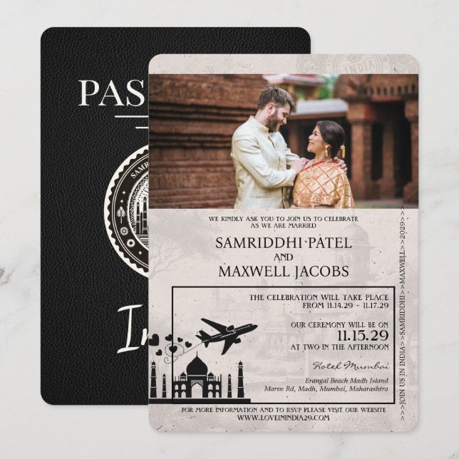 Black India Passport Wedding Invitation (Front/Back)