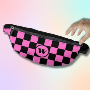 Black Initial   Black and Neon Pink Chequered Fanny Pack