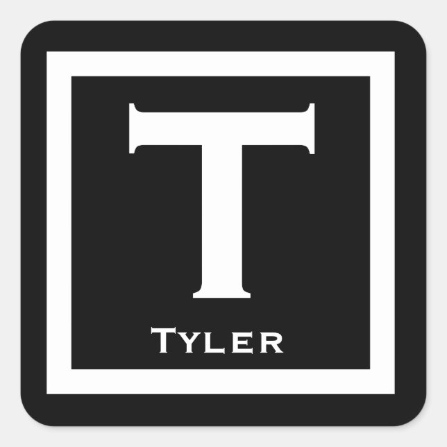 Black Initial Name Kids Boy Party Back to School Square Sticker (Front)
