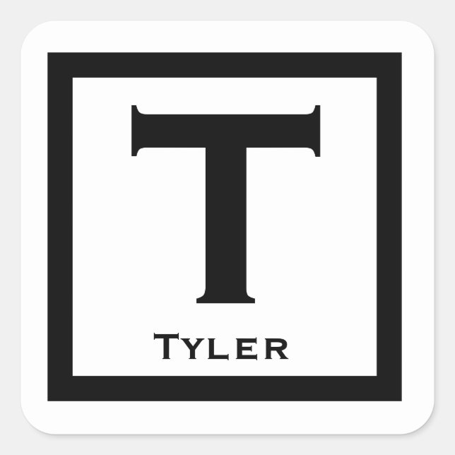 Black Initial Name Kids Boy Party Back to School Square Sticker (Front)