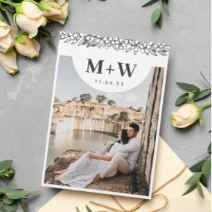 Black Initials & Flowers Modern Photo Double Sided Save The Date
