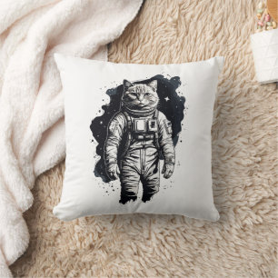 Black Ink Astronaut Cat Design Throw Pillow
