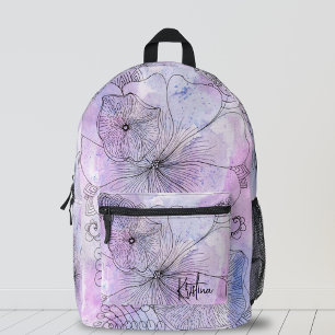 Black Ink Botanicals on Soft Pastel Watercolor Printed Backpack
