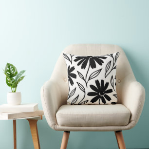 Black Ink Daisies Boho  Throw Pillow