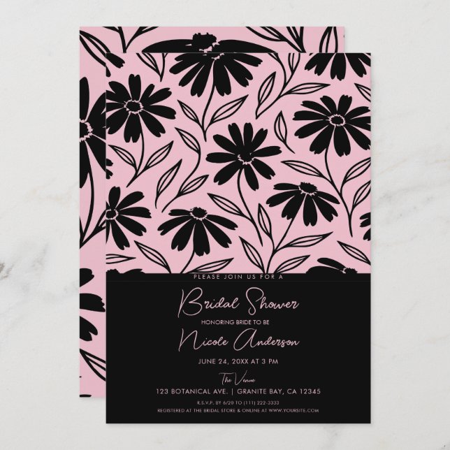 Black Ink Daisies Pink Boho Bridal Shower Invitation (Front/Back)
