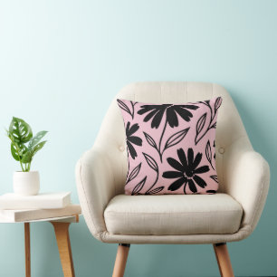 Black Ink Daisies Pink Boho Throw Pillow