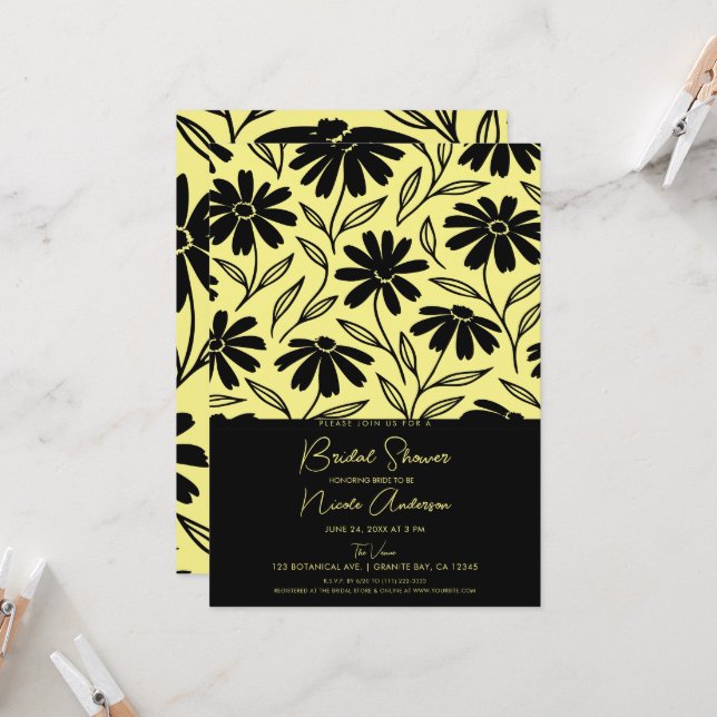 Black Ink Daisies Yellow Boho Bridal Shower Invitation (Front/Back In Situ)