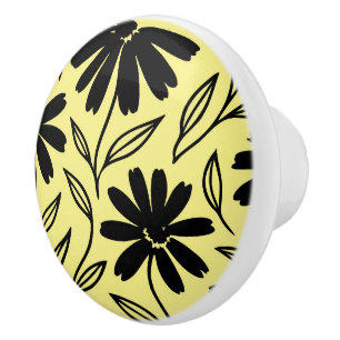 Black Ink Daisies Yellow Boho  Ceramic Knob
