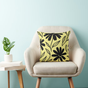 Black Ink Daisies Yellow Boho  Throw Pillow