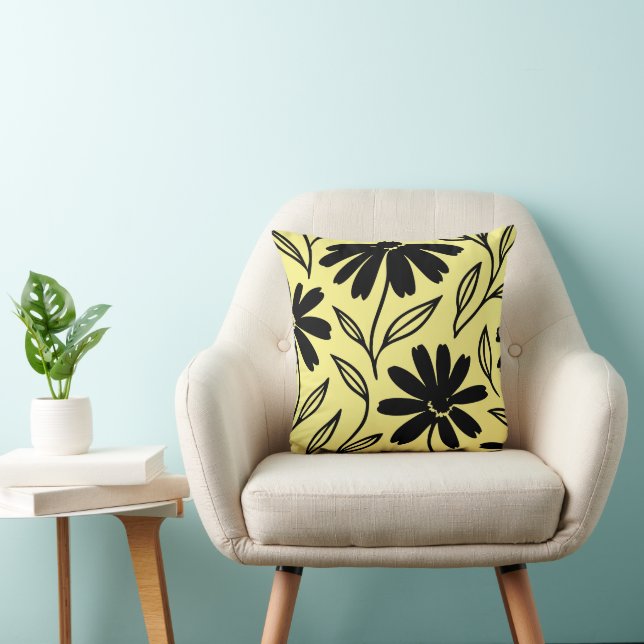 Black Ink Daisies Yellow Boho  Throw Pillow (Chair)