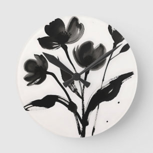 Black Ink Flower Bouquet Round Clock