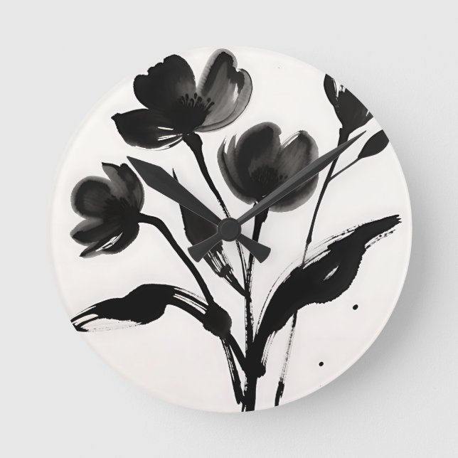 Black Ink Flower Bouquet Round Clock (Front)