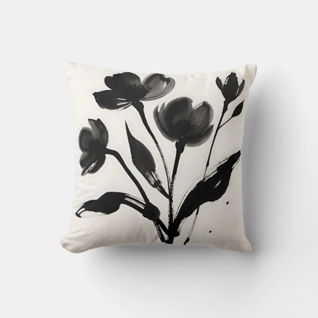 Black Ink Flower Bouquet Throw Pillow (Front)