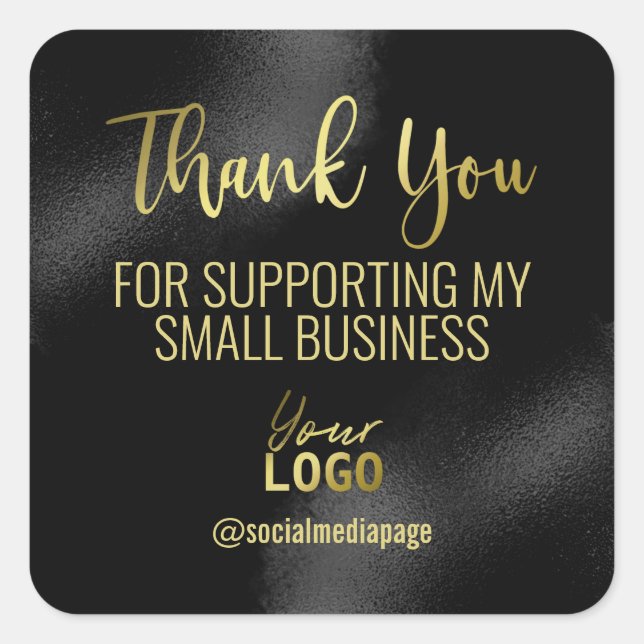 Black Ink Gold Text Thank You Small Business Logo Square Sticker (Front)