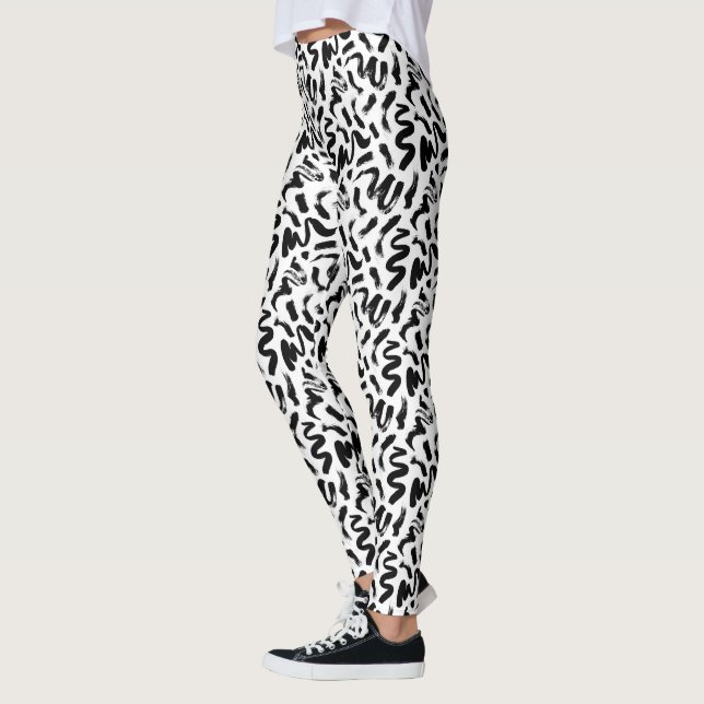 Black Ink Paint Brush Stroke Pattern Leggings (Left)