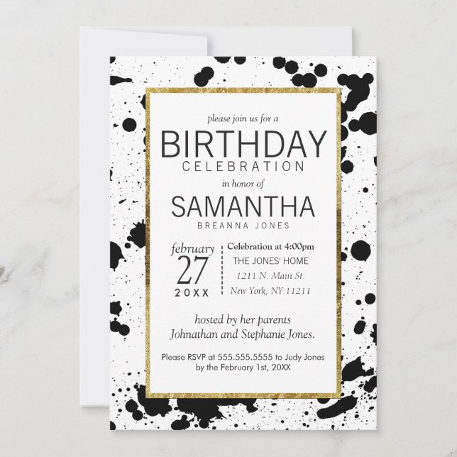 Black Ink Splatters and Gold Birthday Party Invite (Front)